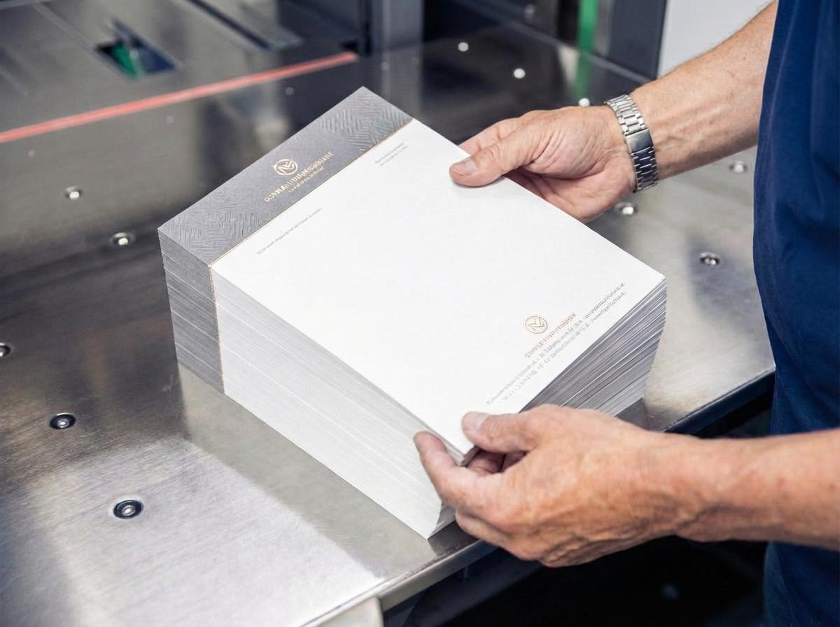Hände eines Mannes halten einen Stapel Briefvorlagen mit grauem Kopfbereich und goldenem Logo auf einer Metallfläche einer Druckmaschine. Die Briefvorlagen wurden bei Esslinger Druck in Villingen-Schwenningen gedruckt.